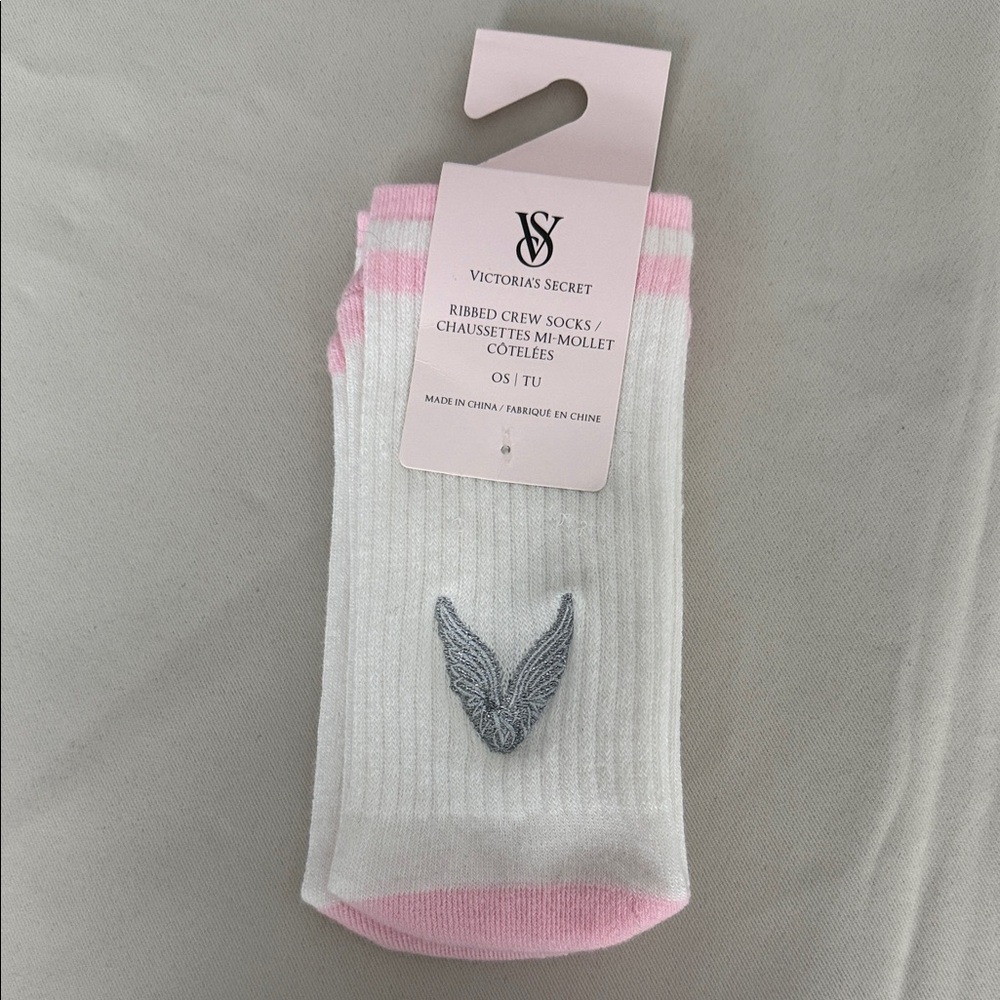 Brand New Victoria's Secret White and Pink Crew Socks with Gray Wings- One Size